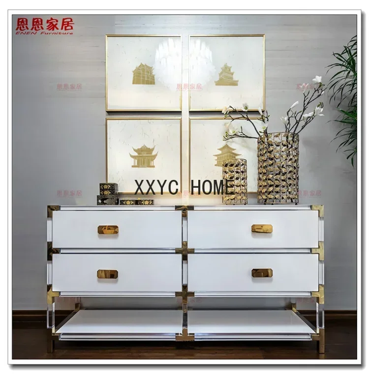 Exquisite Light Luxury High Transparent Acrylic Chest of Drawers White Cabinet Body with Golden Model Room Furniture furniture