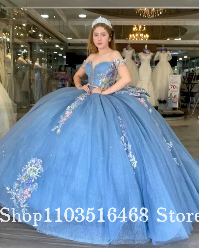 

Синее платье принцессы в стиле Vestidos de 15, платье Quinceanera, украшение с цветочной вышивкой, юбка-пачка, большой бант, длинный хвост, по индивидуальному заказу