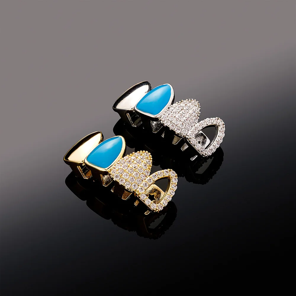 RACHELZ Hip Hop 4 Blue Color Tooth Caps Decor For Men Women Trend Hollow CZ Zircon Teeth Grillz Dental Grills Jewelry