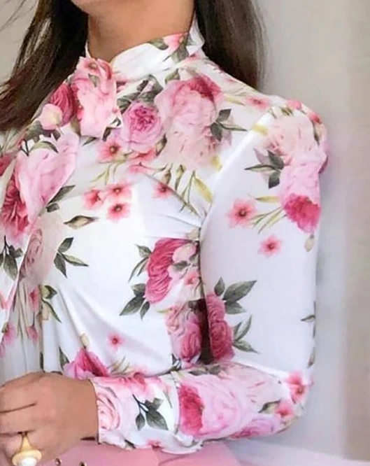 Korean Elegant Women's T-Shirt Autumn Minimalist Commuter Flower print lace up O-neck long sleeved shirt  casual women's Blouses