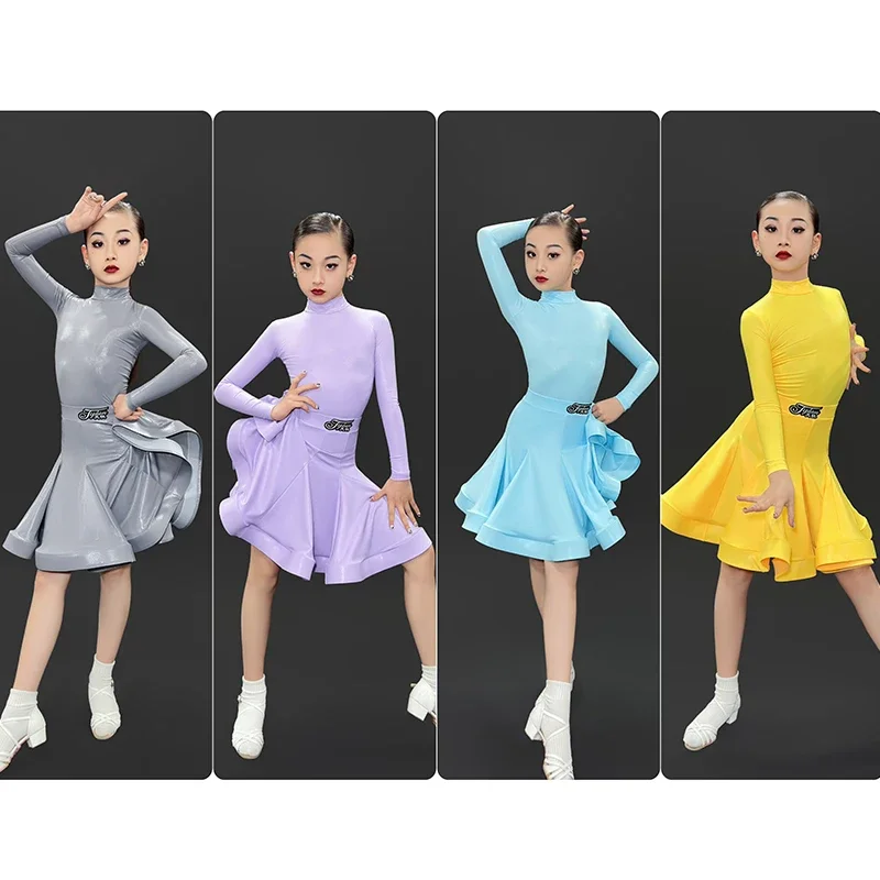 

Kids Latin Dance CLothes Girls Competition Dress Long Sleeves High Collar Suit Cha Cha Ballroom Dance Training Clothing DNV19260