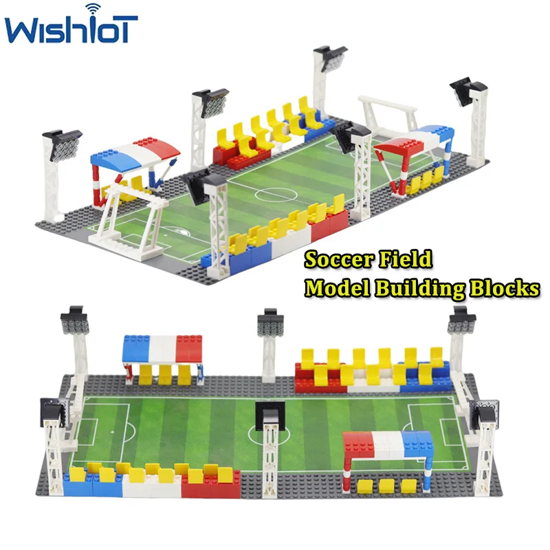 

MOC футбольный стадион, строительные блоки, спортивные сцены с базовой пластиной, собранные развивающие игрушки, модель, маленькие кирпичи, подарки «сделай сам»