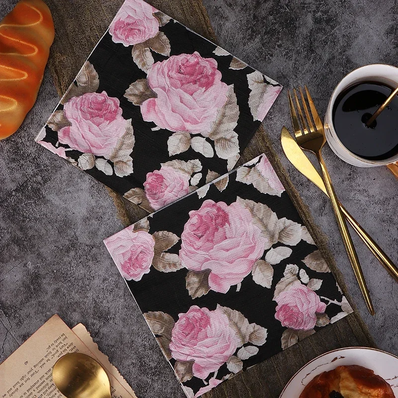 40/60/80/100pcs Rapid Logistics New Black Flower Printed Paper Napkin Chinese Style Pure Wood Pulp Paper Party Decoration Paper