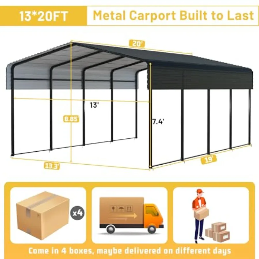 Feet Heavy Duty Metal Carport, Galvanized Steel Frame and Roof with Reinforced Base, All-Weather Outdoor Shelter for Vehicles,