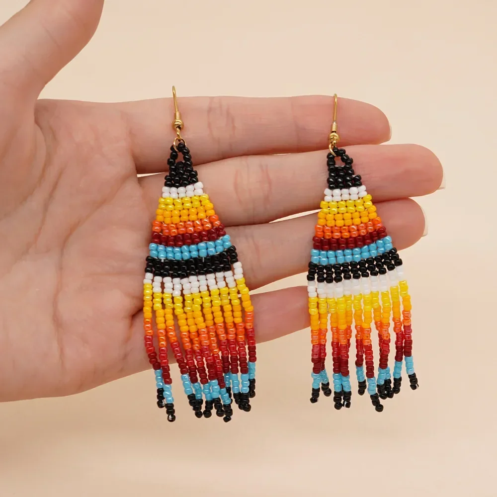ZGMXR Bohemia Alloy Tassel Earrings with Rainbow Gradient Color Beads Hand Knitted Fashion Simple Beaded Female Jewelry