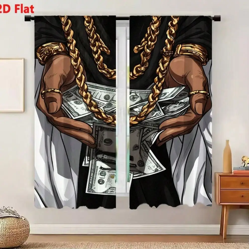 2D Cartoon Polyester, Dark-Skinned Individual Holding US Dollar Bills With Golden Jewelry, Wealth Theme For Bedroom Decor