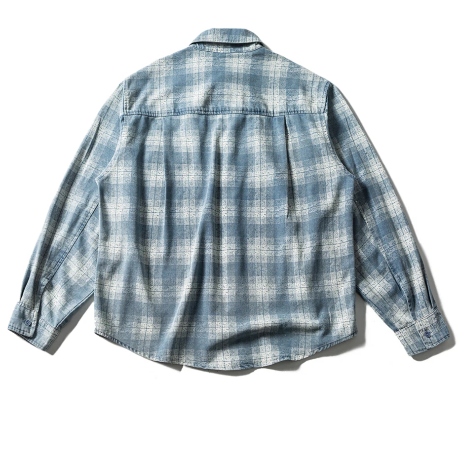 Vintage Plaid Denim Shirts Mens Streetwear Ripped Hole Long Sleeve Shirt for Men Harajuku Loose Casual Cotton Blouse Jeans Coats