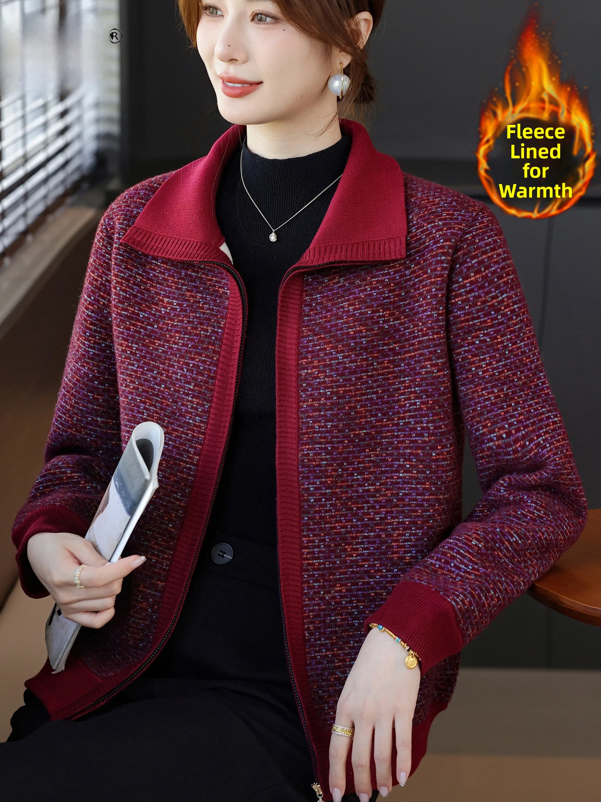 

Fce Lined Knitted Zipper Closure Mom Sle Sweater Coat for Middle Aged And ly Women Warm Faionable Loose Fit