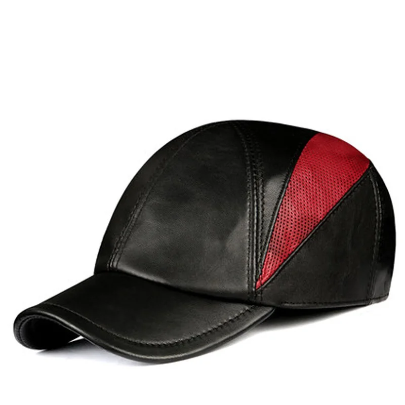 

Men's Hats Male Genuine Leather Perforated Breathable Baseball Caps Youth Stylish Black Red Patchwork Thin Climing Hockey Gorra