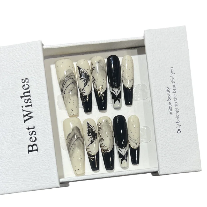 

Chinese style wearing nail pure handmade manicure fake hand-painted landscape painting butterfly French magic mirror nail piece