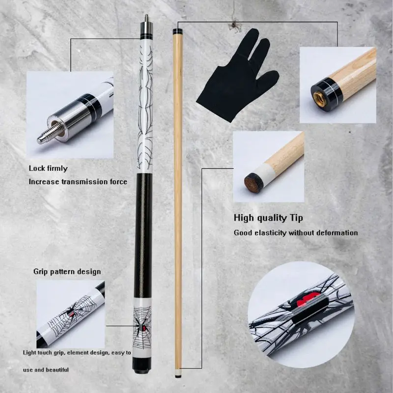 Unique Spider Design White Wooden Billiard Cue with Spider-Man Elements - High-Quality Wood, Includes Glove, Perfect for Pool En