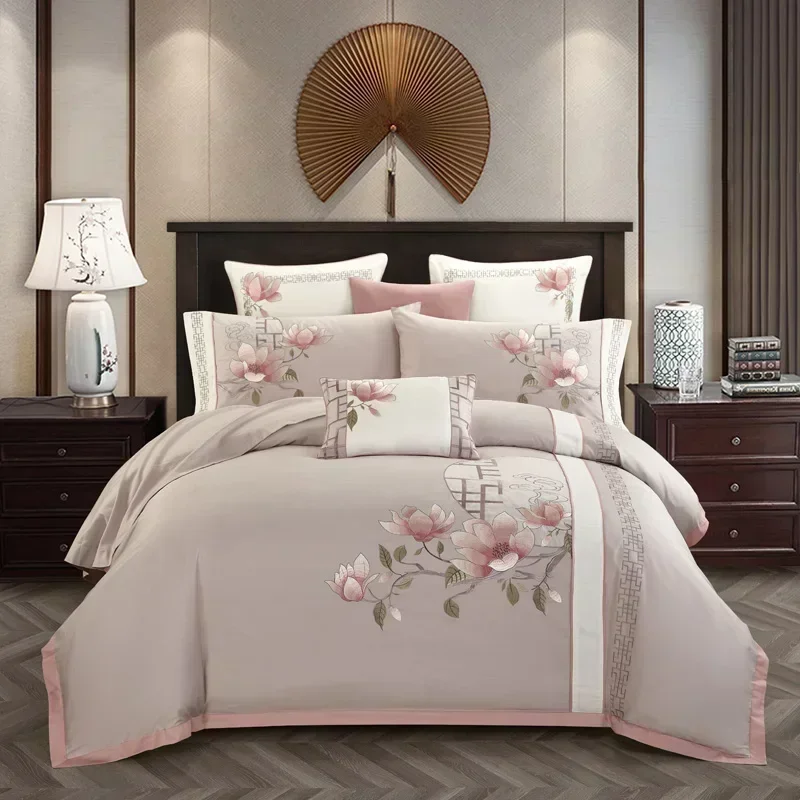 Chinese Style Magnoli Embroidered 4/7pcs Bedding Set 300TC Egyptian Cotton Sheet Pillowcase Duvet Cover Set (Queen King Size)