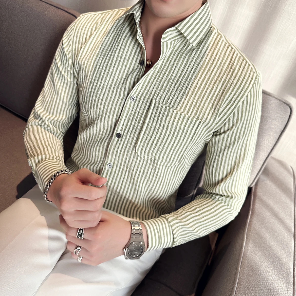 Seersucker Fabric Striped Shirt Men\'s Summer Long Sleeve Slim Fit Shirt Fashion Versatile Casual Sunscreen Clothes Shirts Coat