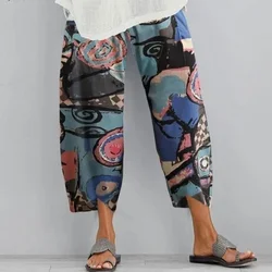 Plus size new women's fashion loose casual irregular rendering print elastic waist pocket pants 8844