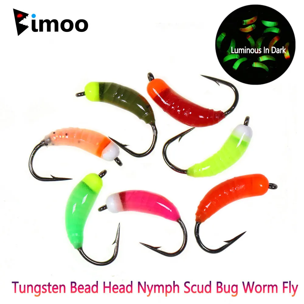 Bimoo 6PCS #8 Luminous Tungsten Bead Head Nymph Scud Bug Worm Fly Caddis Larvae Insect Baits Fast Sinking Trout Fishing Lures