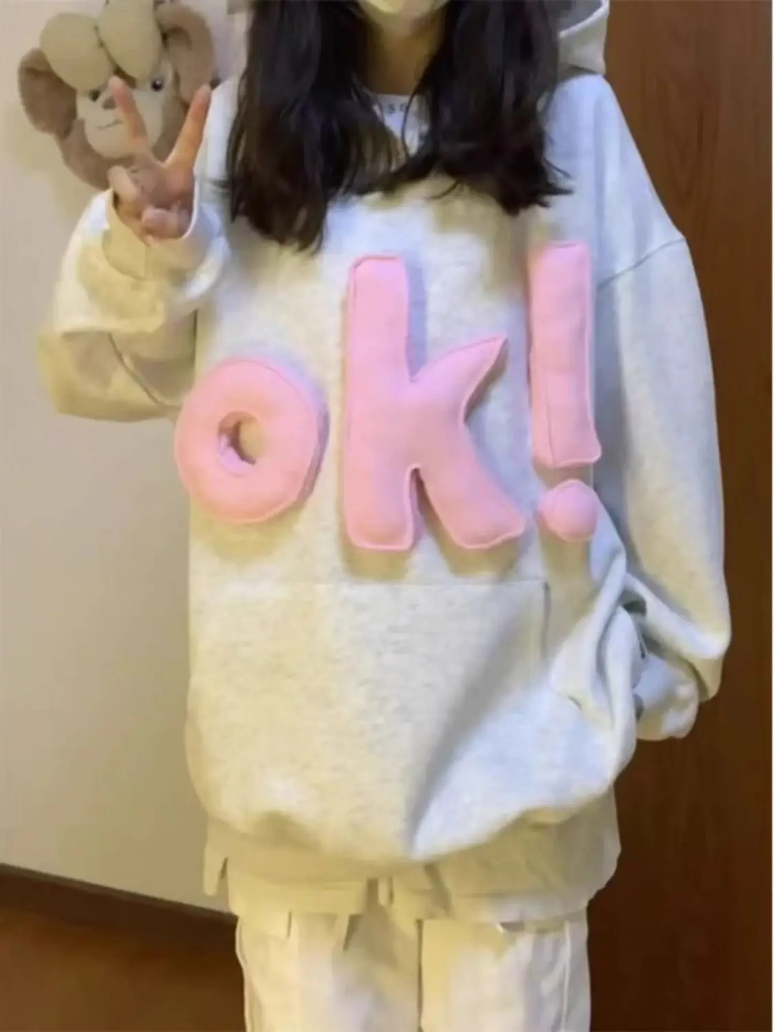 Women Hooody 2025 Fashion Spring Autumn Korean 3D Letter Loose O-neck Long Sleeve Women Hoody