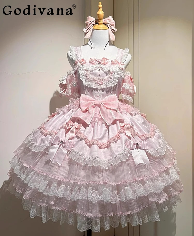 スイートロリータスタイル ピンクプリンセスドレス JSK レディース 2025 夏新作 ガールズ ウーマン エレガント レース 誕生日ドレス フラワー ウェディングドレス