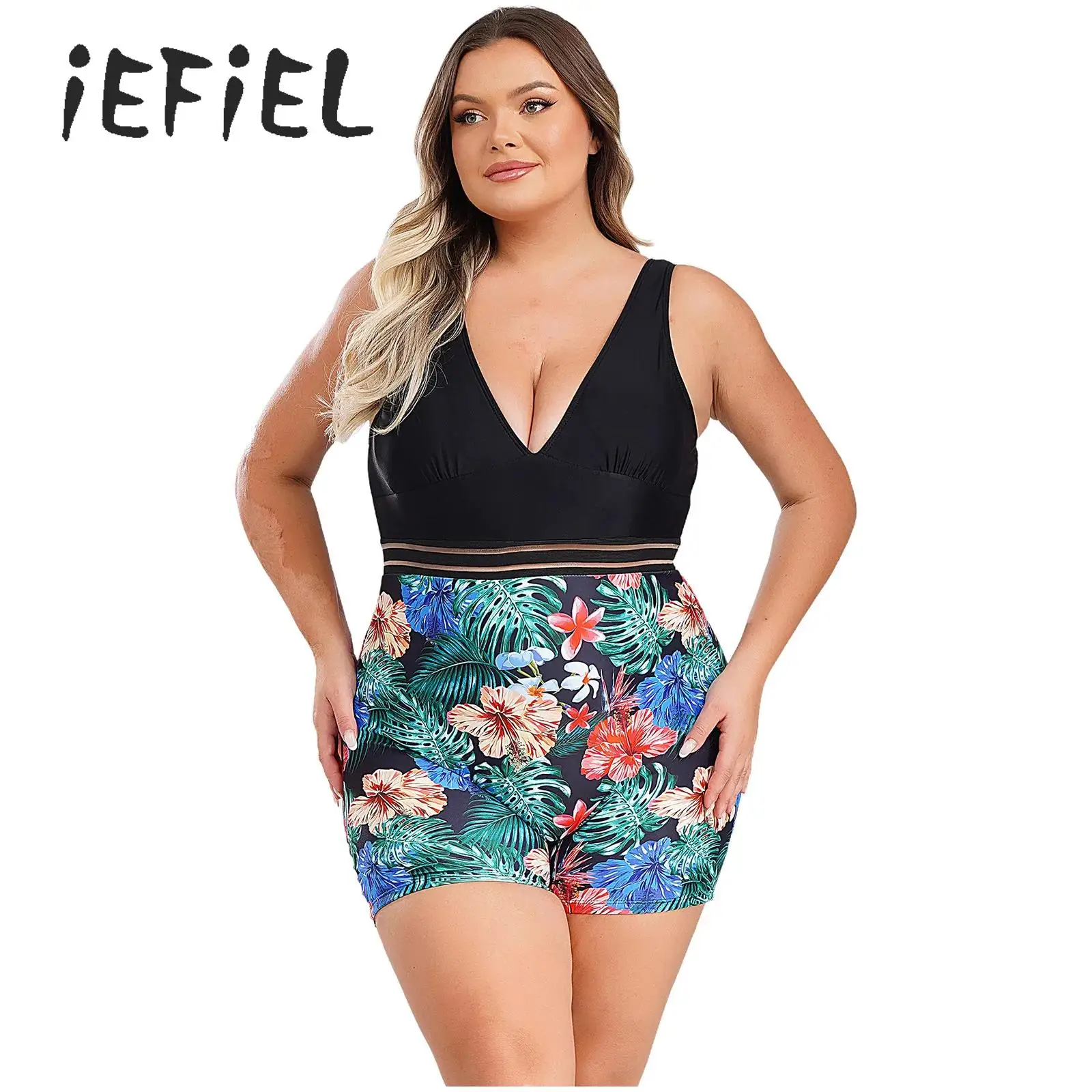 

One Piece Floral Swimwear Swim Suit Women Sleeveless Deep V-Neck Swimsuit Tropical Plant Tummy Control Surfing Bathing Suit