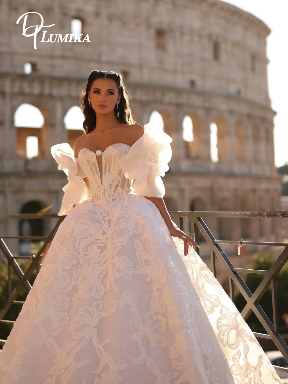 

Elegant Roman Inspired Bridal Gown Off Shoulder 3D Ruffle Sleeves Heavy Floral Lace Floor Length Gown for Destination Wedding