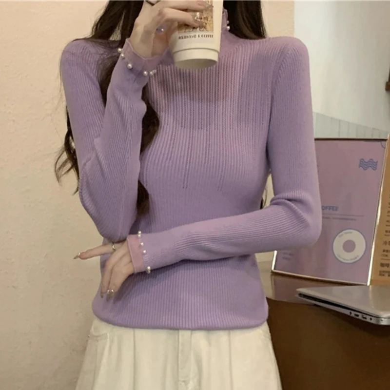 Thin Half High Collar Bottoming Knitshirts Women Hollow Out Beading Long Sleeve Tops Slim Ladies Pullover Sweater