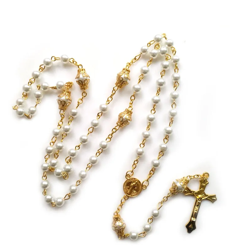 QIGO White Imitation Pearl Rosary Necklace With Cup Crucifix Cross Saint Benedict Pendant Catholic Jewelry