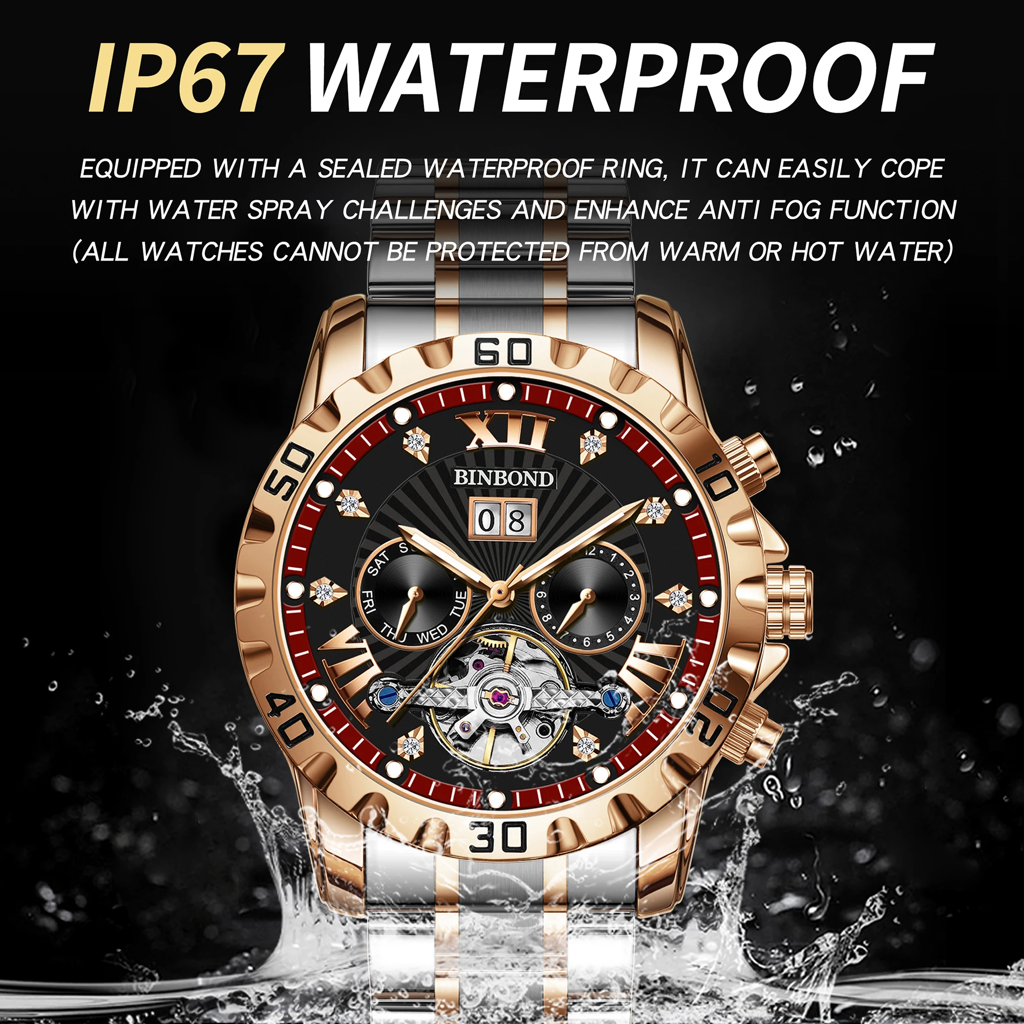 BINBOND Orginal Luminous Waterproof Men's Watch Auto Date Reloj Automatic Tourbillon Mechanical Wristwatches For Men Luxury view 5