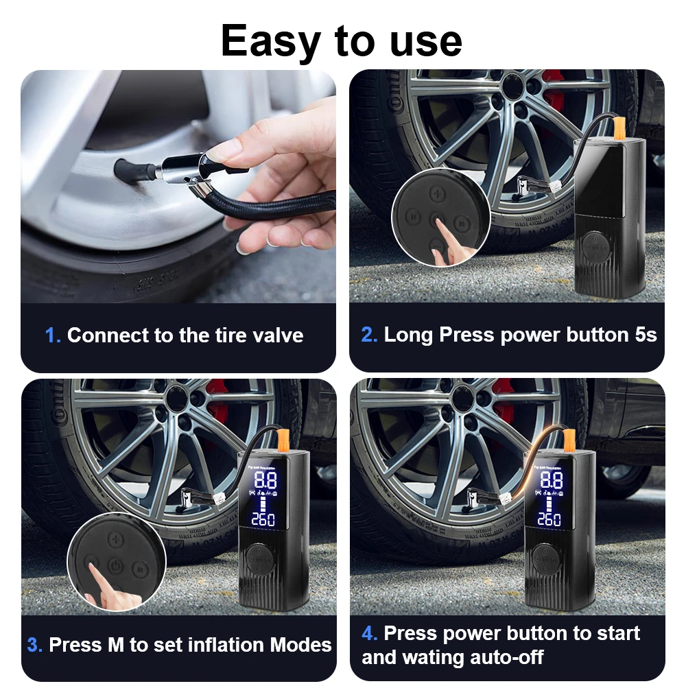 Tire Air Pump Portable Inflator Car Air Compressor 0-150psi/10bar Tire Pressure Test Wireless Inflatable Pump