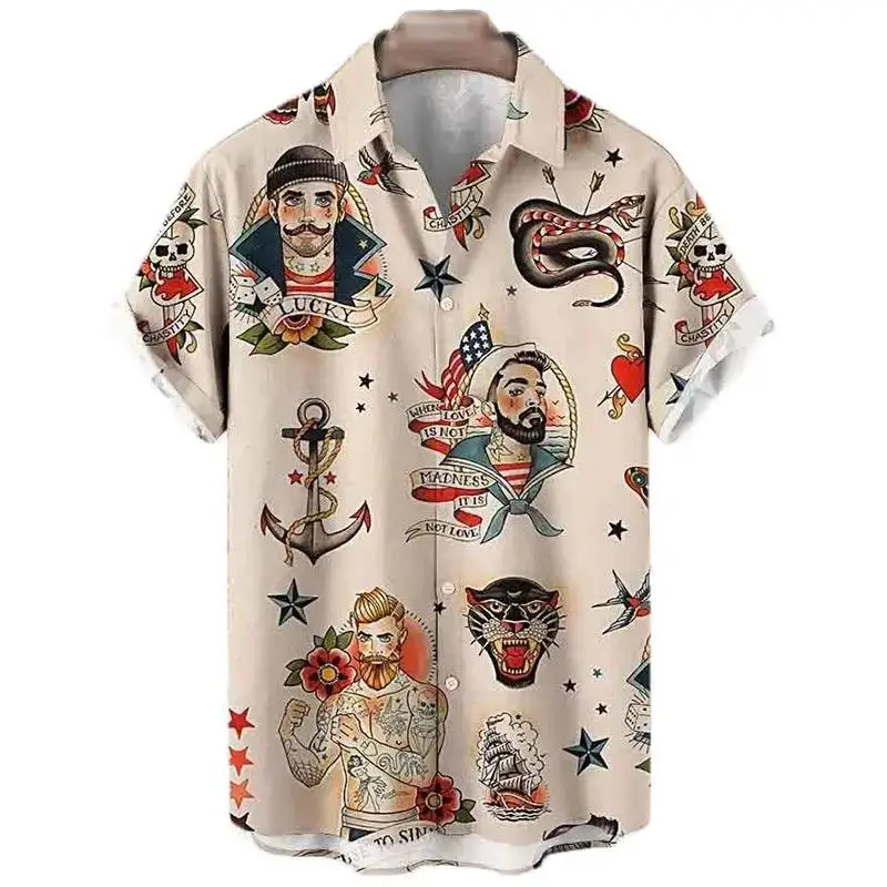 Men's Short Sleeve Button Shirt Vintage Tattoo Sailor Panther All Over Print Casual Mens Clothing