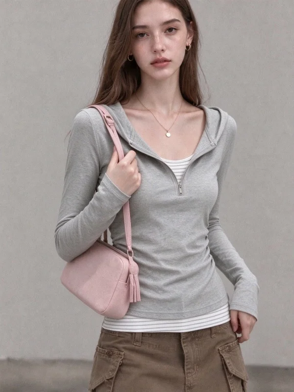 Gray Striped Hooded Long Sleeve T-Shirt Women's Slim Fit Base Shirt Unique Style Autumn Cold Spot Non-Repeating Top