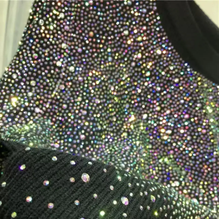 Luxuriöse Glitzernde Diamanten Herbst Winter Sim Schwarze Pullover Damen Langarm High Street Y2K Gestrickter Pullover Kleidung