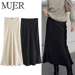MUJER Black Satin Skirt Woman Bow Elegant Long Skirts For Women 2025 Summer High Waist Midi Skirt Fashion New In Women's Skirts