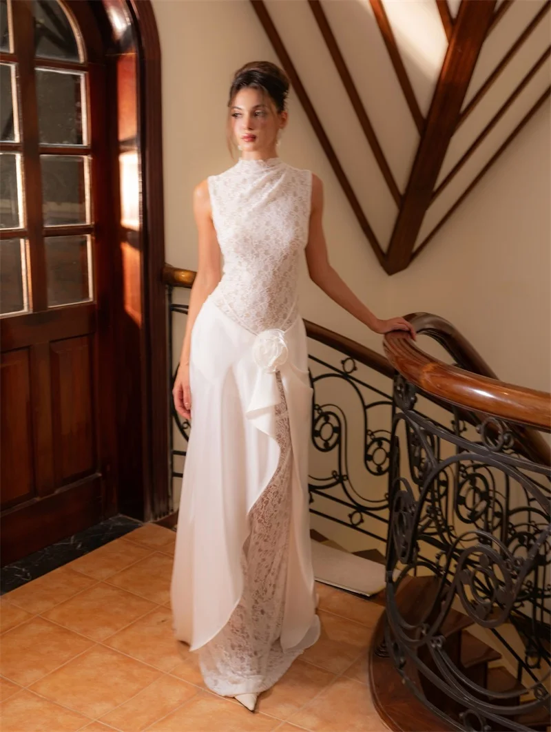 

White Prom Dress 3D Flower Sexy High Neck Sleeveless Sheath Long Lace Party Gown Casual Formal Guest Birthday Evening Robe