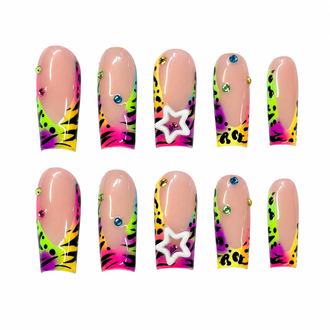 24 Stück Y2k Weiße Sterne Aufklebenägel Bunter Farbverlauf Französischer Stil Zebra-Bedruckte Künstliche Nägel Süße Coole Würzige Mädchen Fake Nails – Detail 2