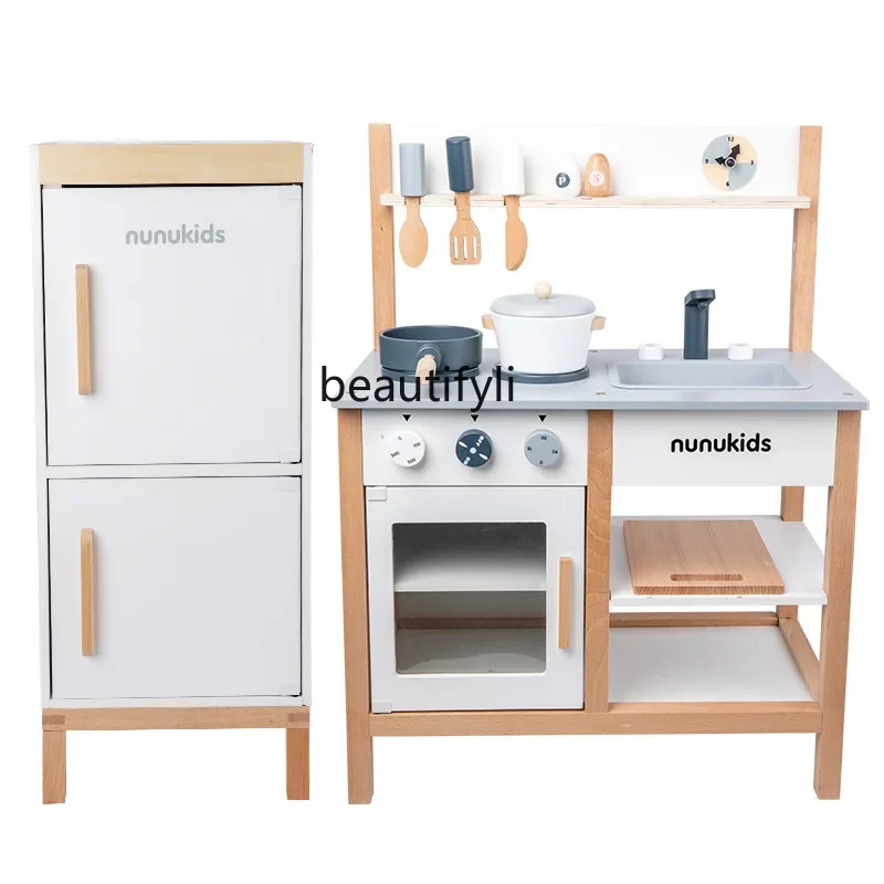 Simulation cooking kitchen refrigerator set doll wooden wooden kindergarten stove toy