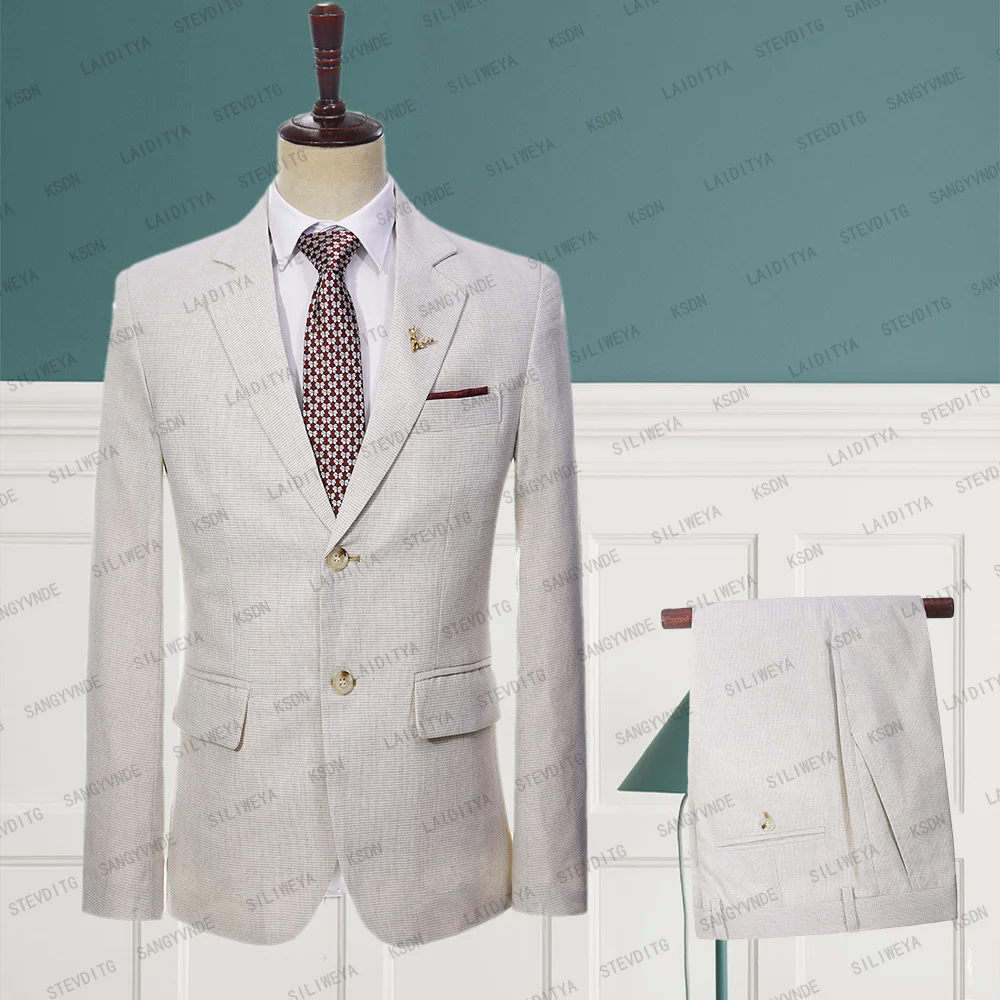 

2023 New High End Men's Summer Business Official Khaki Purity Linen Suit Slim Groom Wedding Dress Two-Piece Jacket Pants