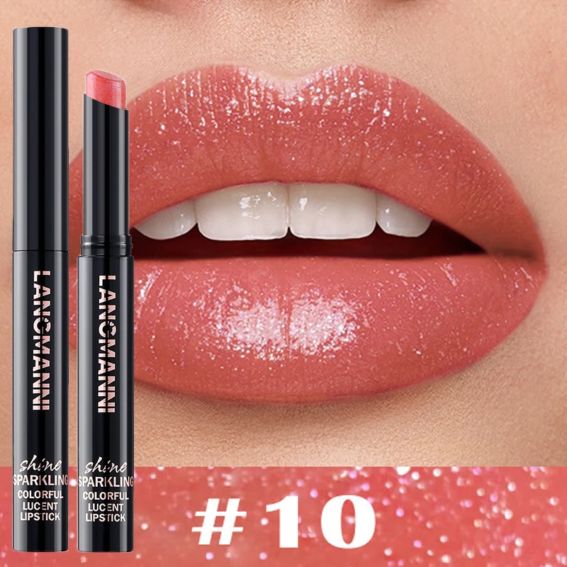 10 Color Glitter Pearlescent Lipstick Waterproof Lasting Diamond Lipstick Shiny Lip Gloss Non-stick Cup Red Sexy Lip Tint Makeup
