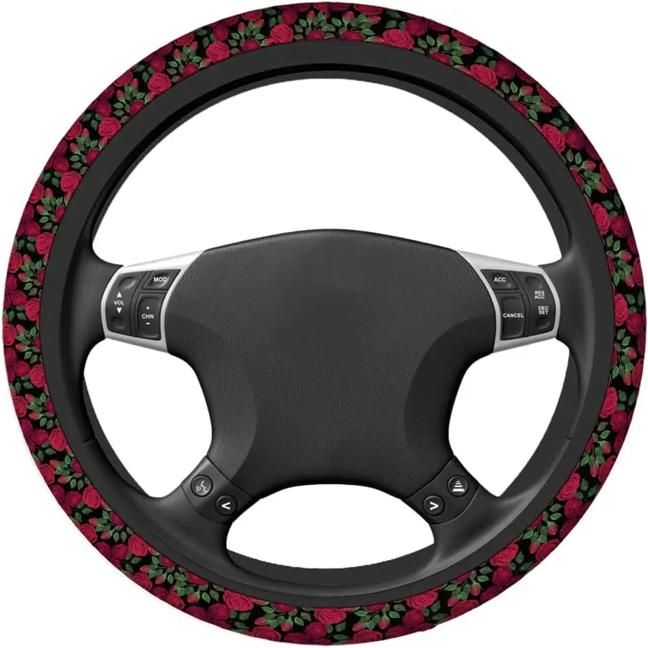 Roses Red Car Steering Wheel Cover,Watercolor Red Roses with Green Leaves On The Black Safe Driving Anti-Slip Steering Wheel