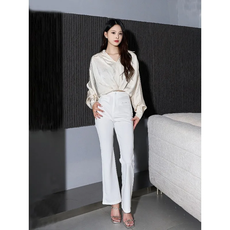 Camicia lunga albicocca stile alla moda e alla moda con maniche a lanterna in vita in raso da donna di alta qualità primavera autunno all'aperto