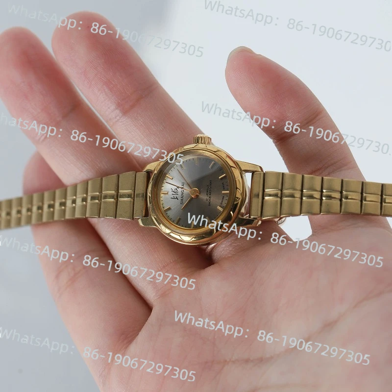 

Домашние Шанхайские 1990-х годов Ретро Маленькие Медные Круглые Ручные Механические Женские Часы Черный Кожаный Ремешок