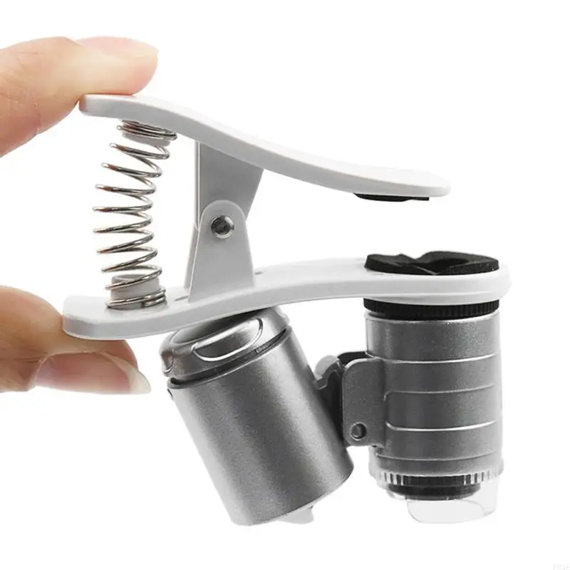 P82E 60X กล้องจุลทรรศน์ไฟส่องสว่าง Mgnifying แก้วแว่นขยายพร้อมคลิปคลิปโทรศัพท์มือถือ UV & LED Light สำหรับการพิมพ์