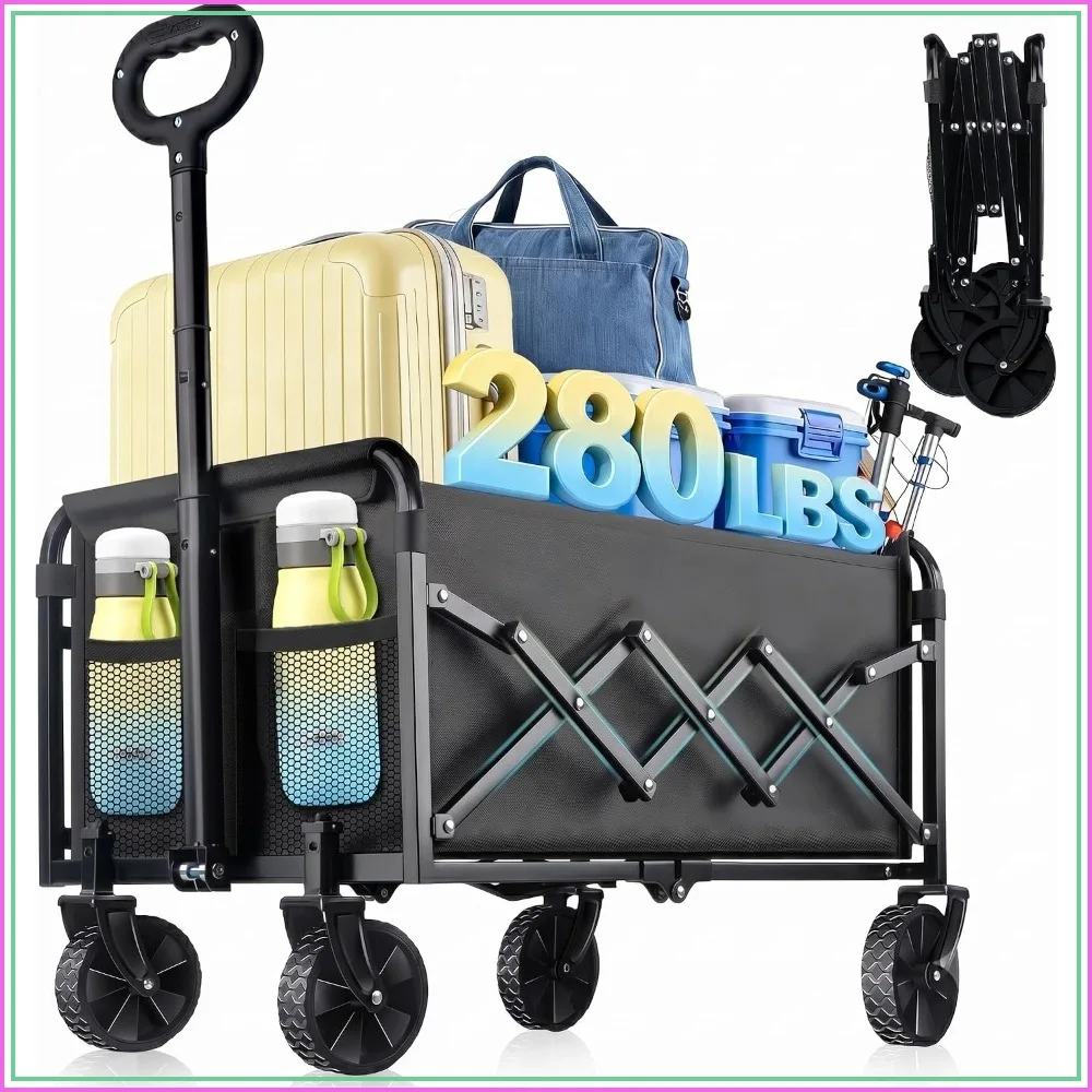 

Collapsible Wagon Cart with All-Terrain Wheels, 280LBS Heavy Duty Folding Utility Wagon for Shopping, Garden, Sports, Camping