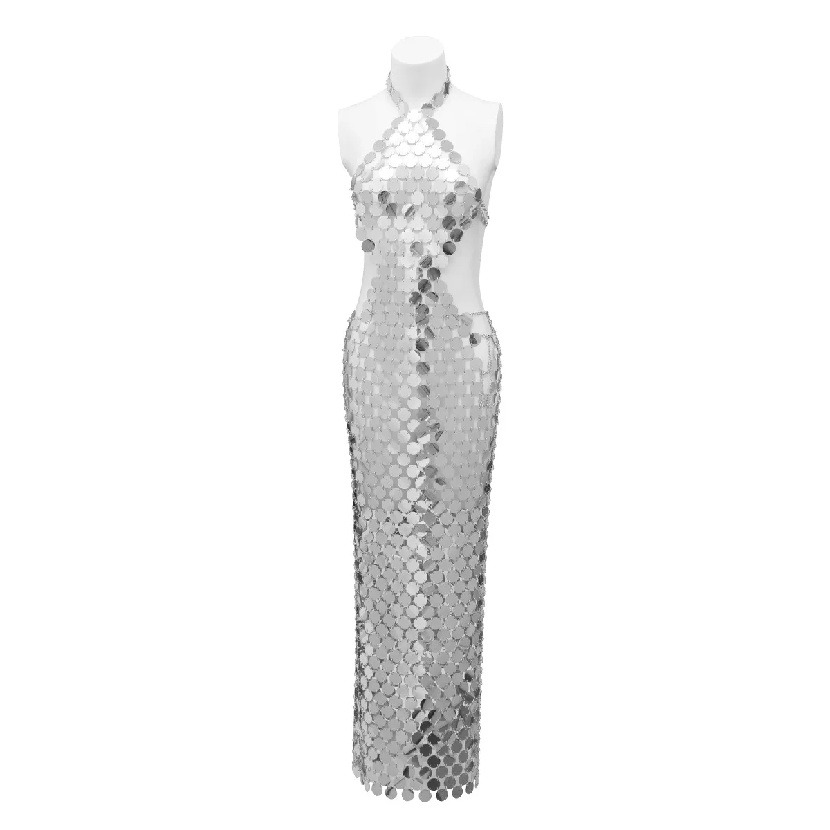 Vrouwen Sexy Sequin Metallic Bodycon Tank Uitsnede Jurk Halter Mouwloze Lange Midi Party Club Zomer Potlood Jurk