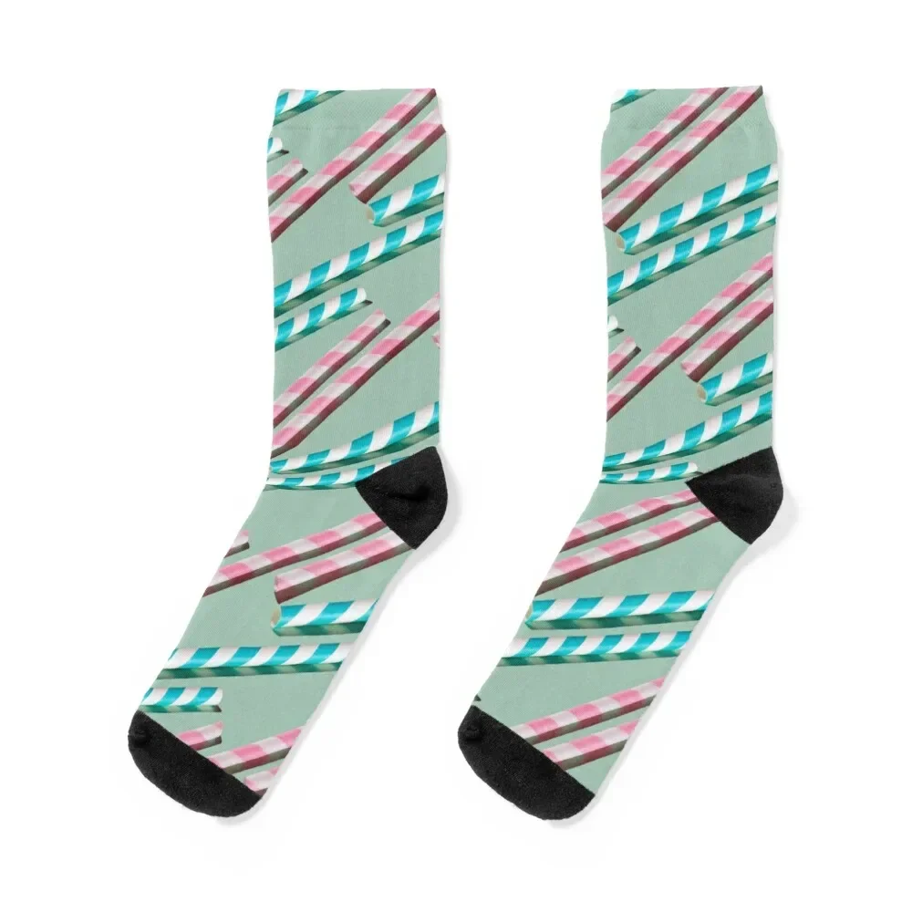 Blue and Pink Drinking Straw Pattern on Pastel Green Socks Children's hiphop professional running Socks Male Women's