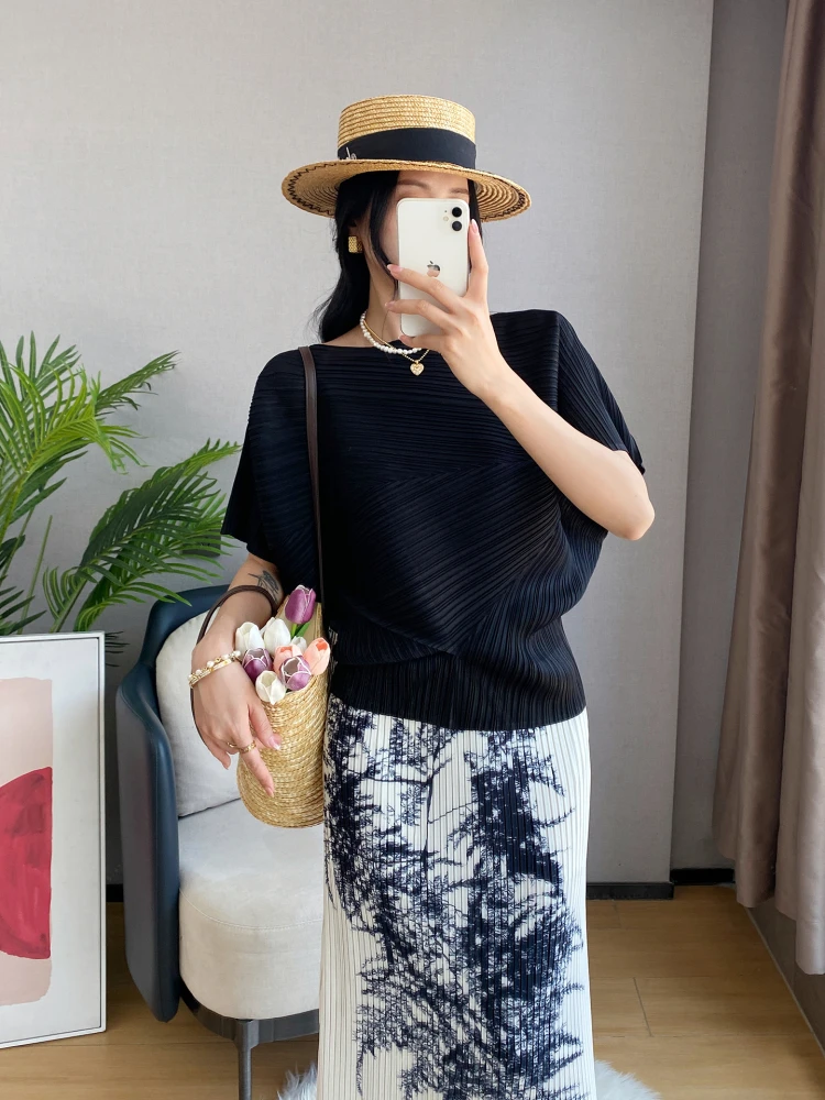 

Женская летняя тонкая свободная универсальная футболка Ele round Ne ort Sve Batwing, плиссированный топ с дизайном резиденции