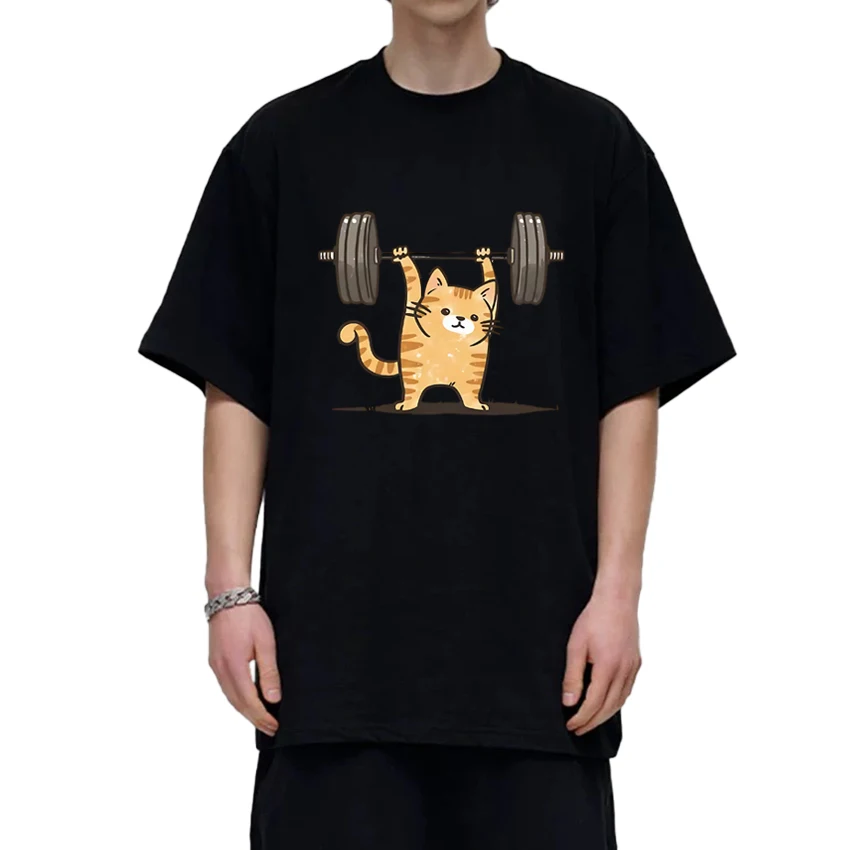 

Cute Kawaii orange cat lifting Graphic print T shirt Men Women Funny Oversized short sleeve T-shirts Summer Unisex Cotton Tops