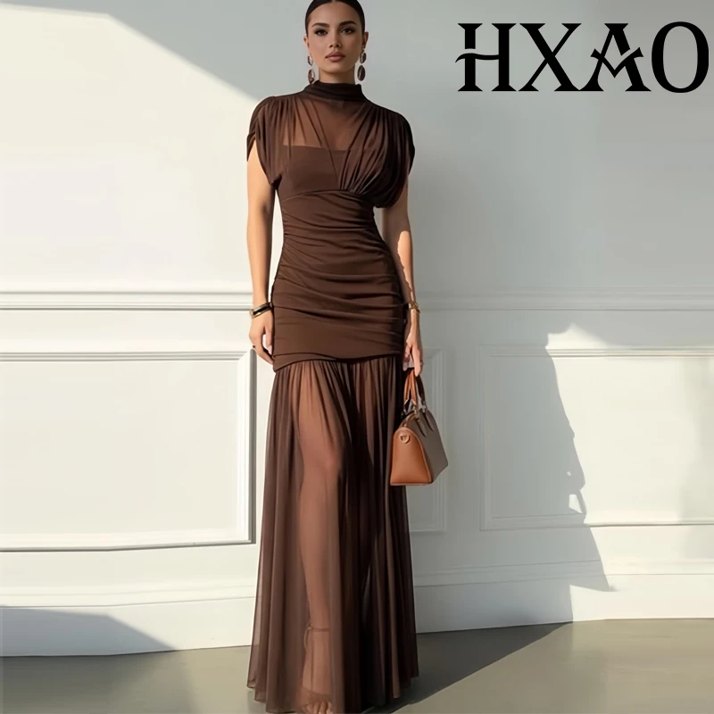 HXAO Gerafftes Partykleid aus Tüll, braun, Damenkleid, sexy, halbtransparent, Cocktailkleid, ärmellos, figurbetont, Netz-Maxikleid für Damen