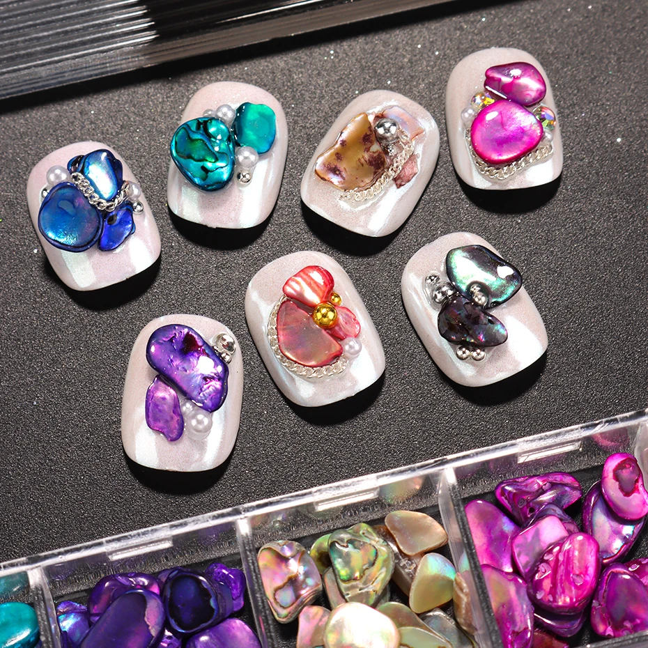 12er-Set Muschel-Nageldekorationen: Aurora-Muschelflocken, unregelmäßige 3D-Meerjungfrauen-Schillerstücke für Nagelkunst und Maniküre – Detail 11