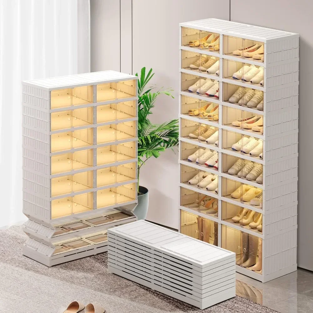 Closet Organization Cabinet, Plastic Shoes Shelf Rack, Easy Assembly Shoe Cabinet with Lids, Foldable Shoe Rack Cabinet,White