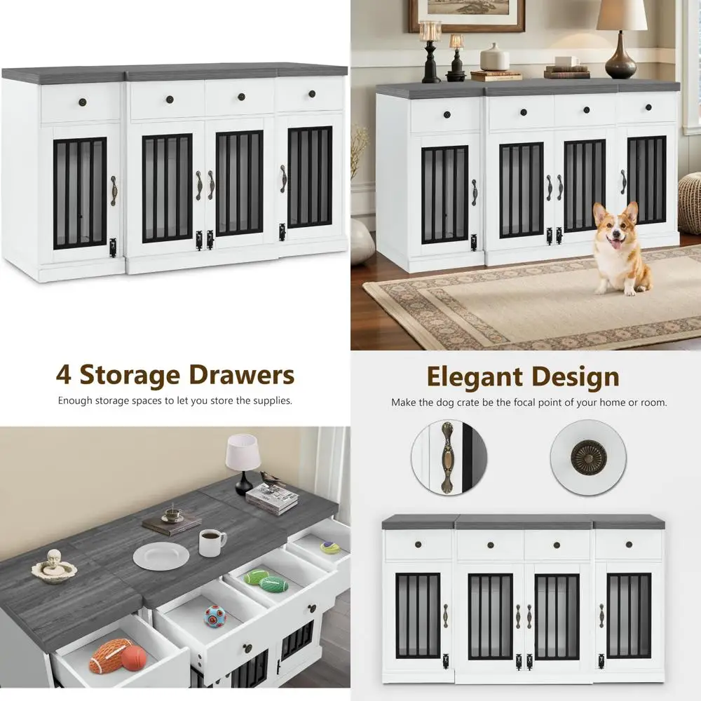 

Деревянный ящик для собак с 4 ящиками и 4 запираемыми дверцами, средней/большой подставкой под телевизор для питомника для домашних животных, 1847, белый