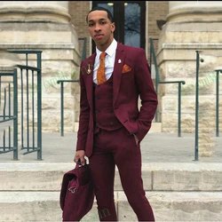 Burgundy Slim Fit Mens Prom Suits Notched Lapel Wedding Suits For Men Tuxedos Three Pieces Blazers Jacket Pants And Vest Terno